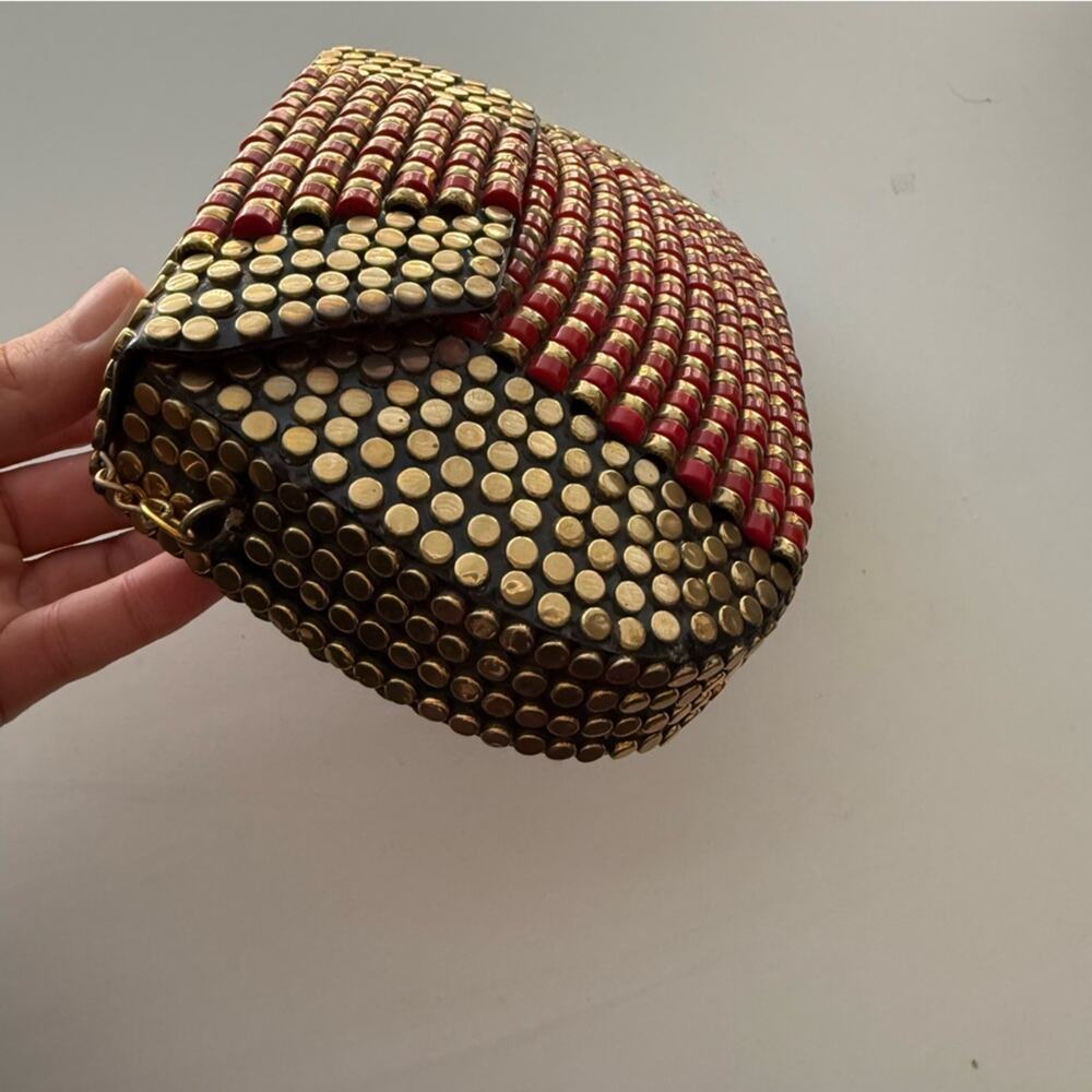Red Gold Beaded Studded Crossbody Clutch Boho Evening Bag - Picture 3 of 6
